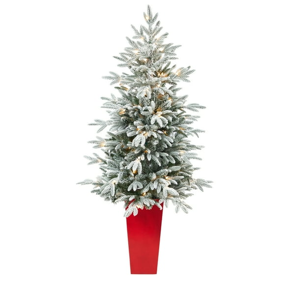 Nearly Natural 5ft. Flocked Manchester Spruce Artificial Christmas Tree with 100 Lights and 357 Bendable Branches in Red Tower Planter