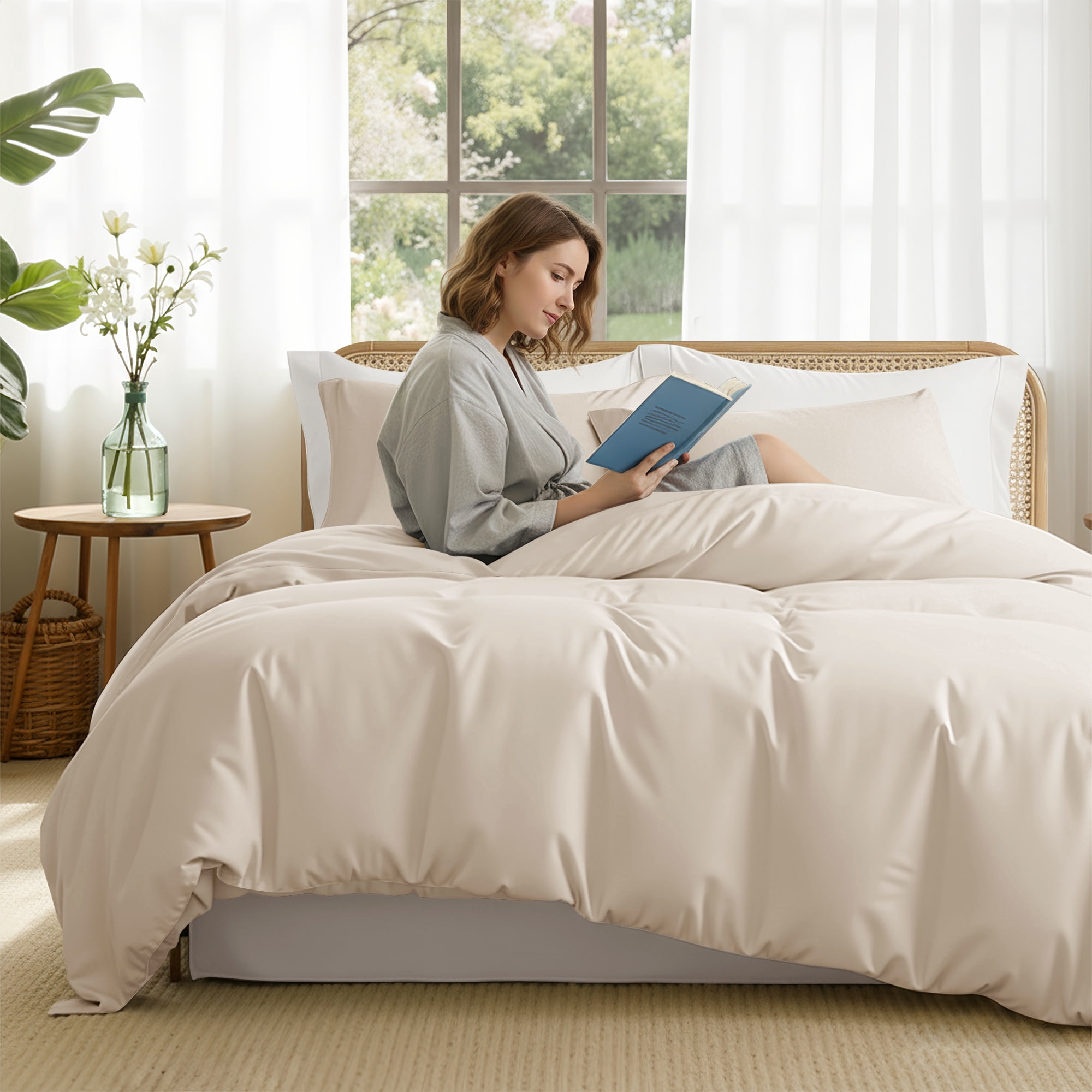 Exclusivo Mezcla Queen Bedding Duvet Cover Set, 3 Pieces Lightweight Comforter Cover with Pillow Shams (Brich Beige)