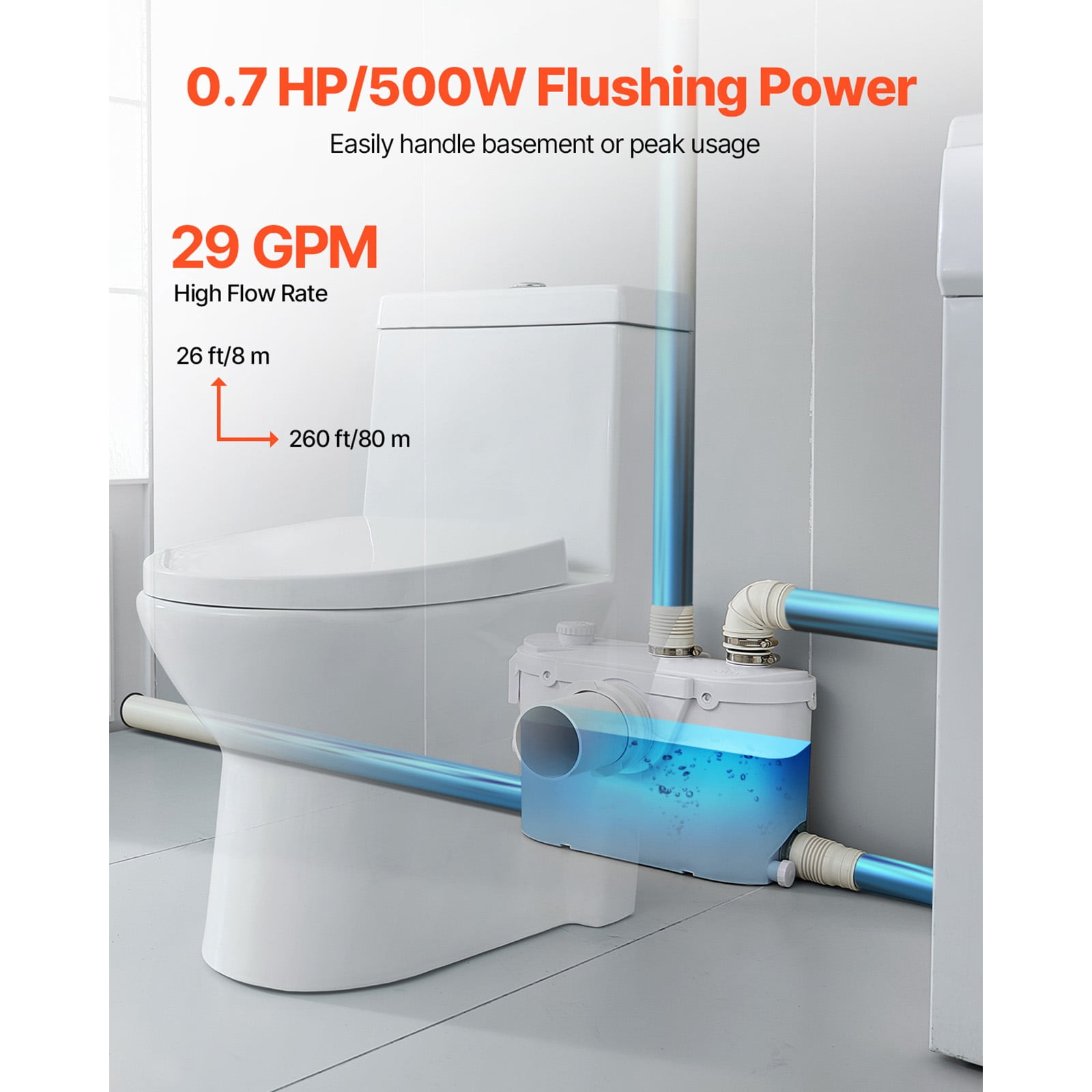 KFFKFF Effluent Water Pump, 500W, Capable of 29 GPM Flow, Elevation Reach 26 ft/8 m, Sanitation Pump Featuring 4 Water Entry Points, Designed for Efficient Waste Liquid Management in Toilet