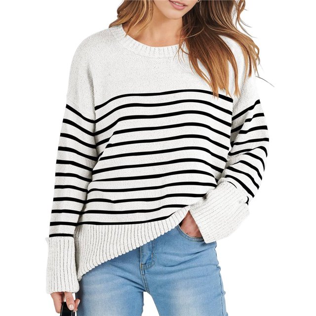 Suéter Informal de Punto Afelpado de Larga Extragrande para Mujer, Ropa de Otoño Rayas Blancas y Negras L