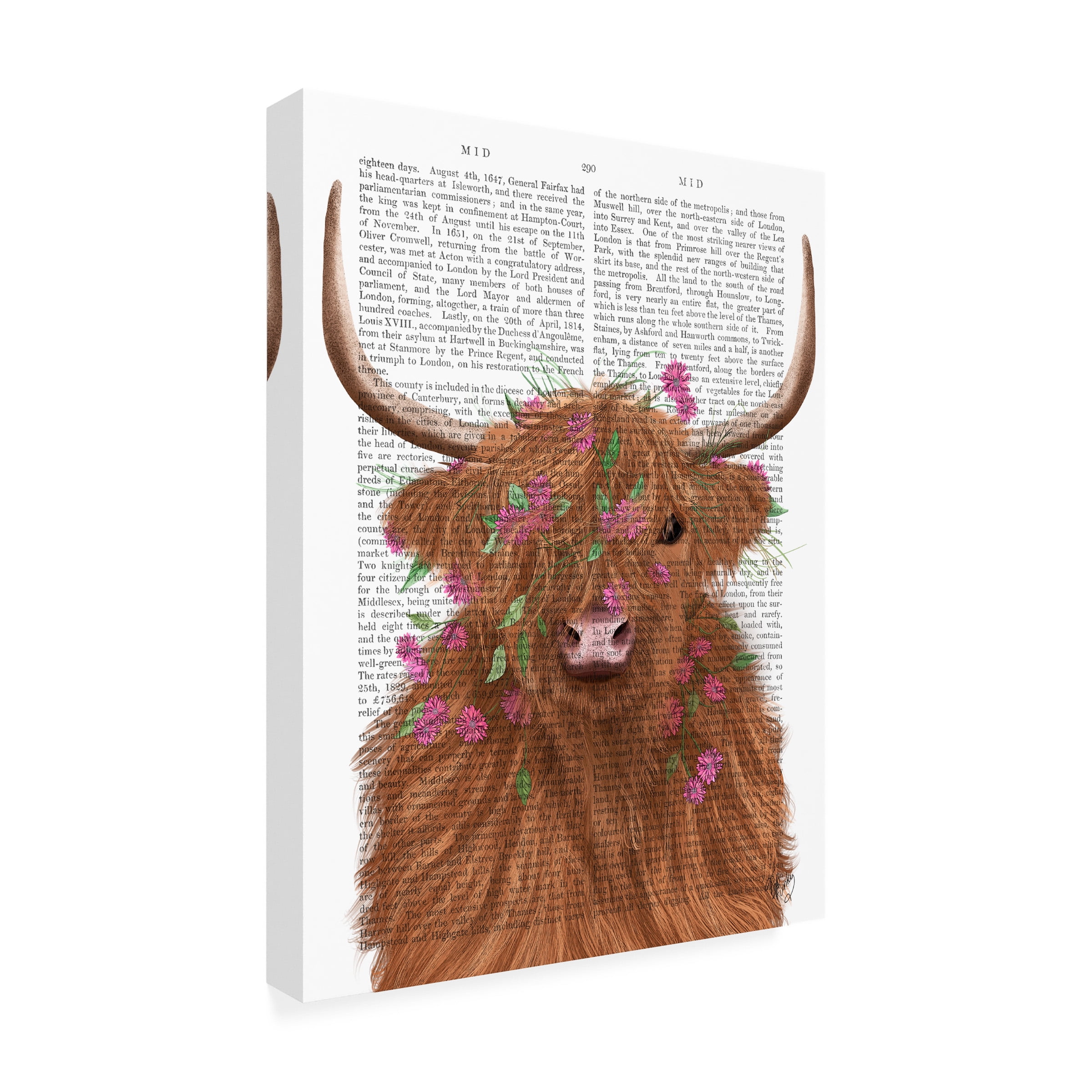 Fab Funky 'Highland Cow 1 Pink Flowers Book Print' Canvas Art