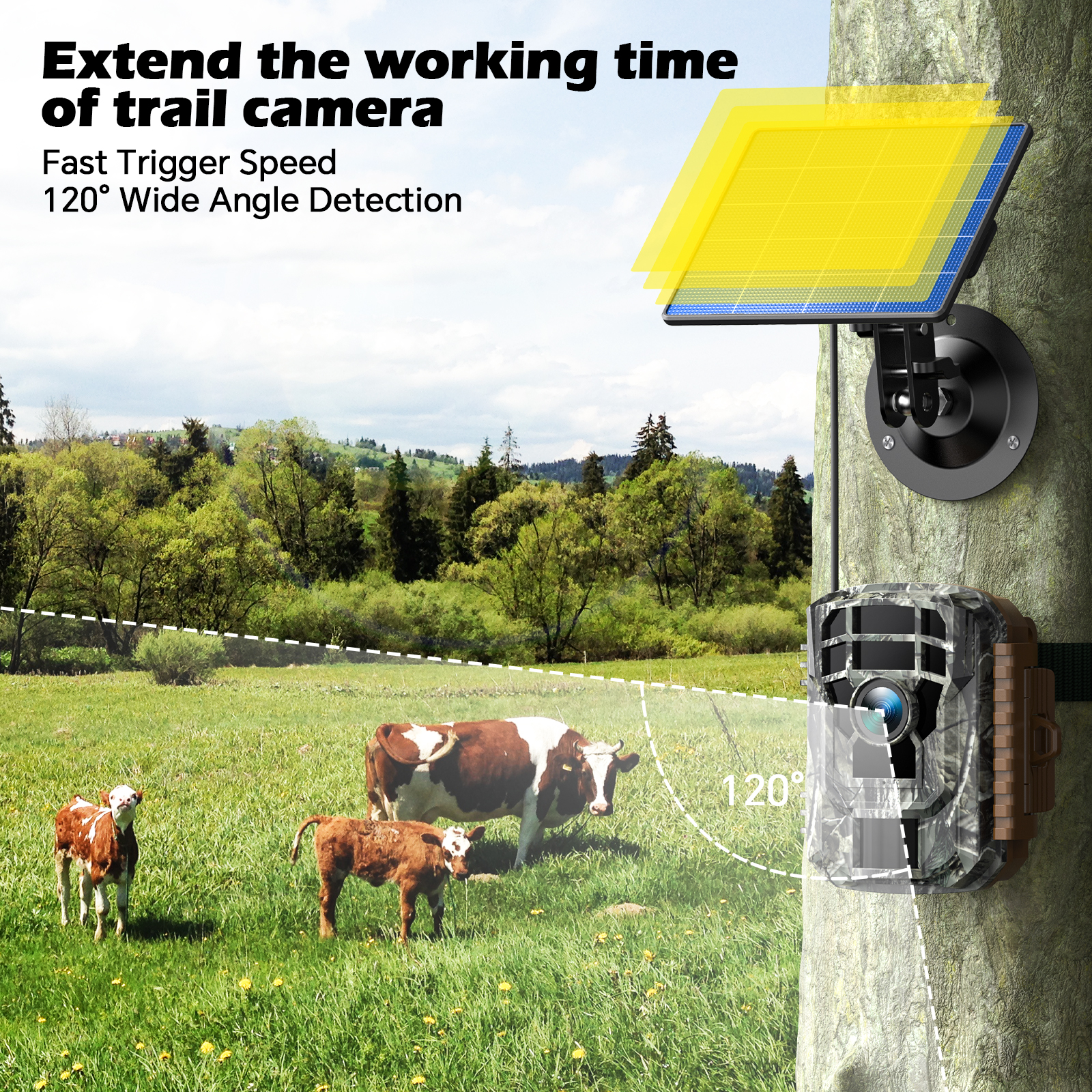 CAMPARK Trail Camera, 36MP 2K Hunting Camera with 2500mAh Solar Panel Night Vision Motion Activated IP66 Waterproof, 120° Wide-Angle Trail Cam for Wildlife Scouting