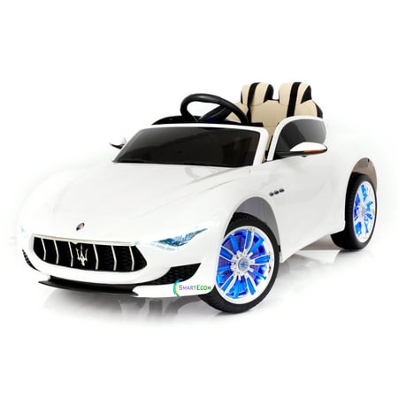 White Led Car Wheel Lights 12V Maserati Alfieri Ride on Electric Car For Kids with MP4 Touch Screen Remote Control LED lights wheels MP3 Leather seat - White ()