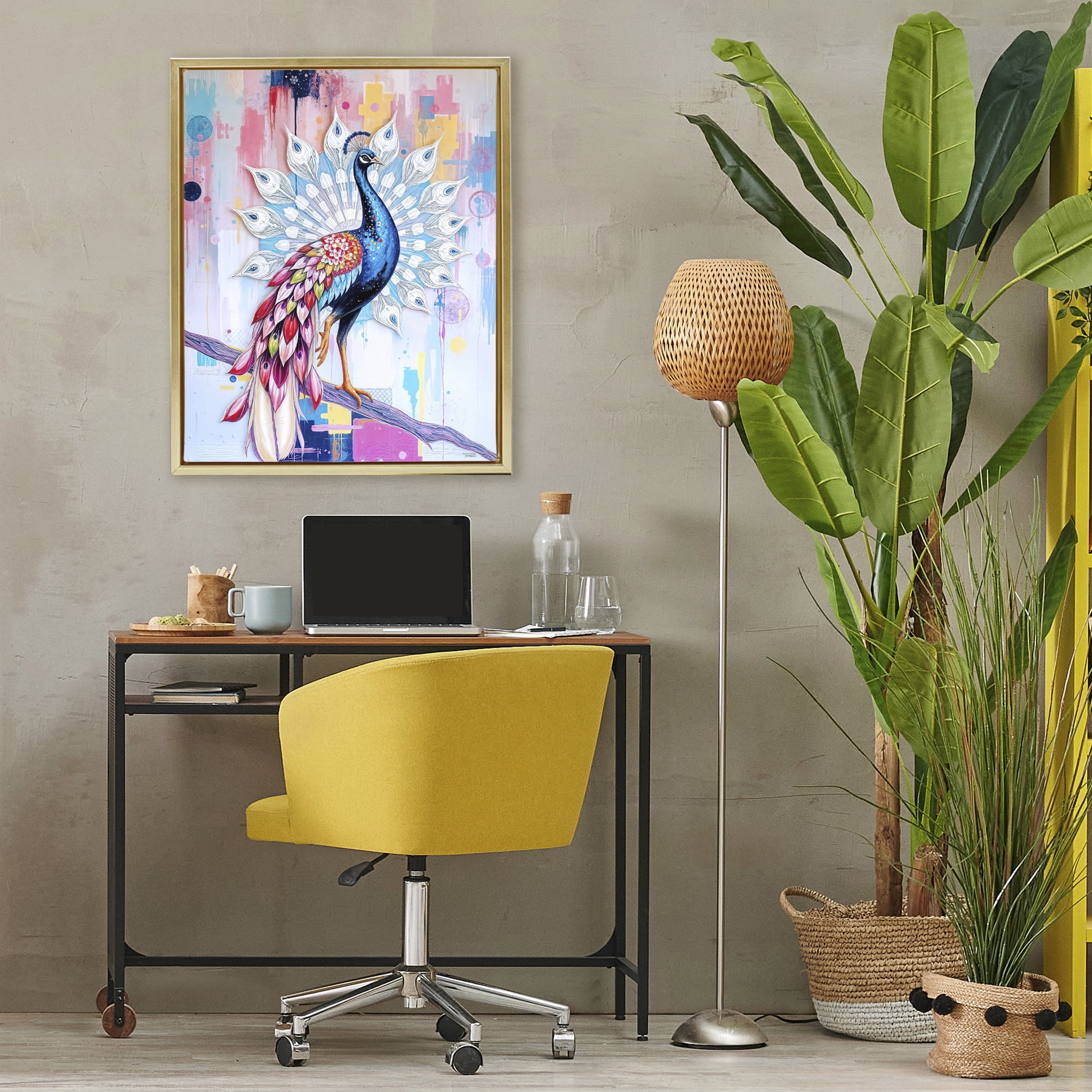 Stupell Industries Radiant Peacock on Branch Gold Framed Floater Canvas Wall Art, design by Tabz Jones