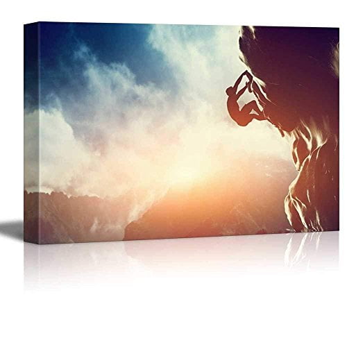 Impressions sur Toile Art Mural - Homme Grimpant sur une Montagne Rocheuse au Coucher du Soleil/Art d'Ambition Art Mural Moderne Décoration/impression Giclée Enveloppée Art sur Toile Prêt à Accrocher - 16 Pouces x 24 Pouces