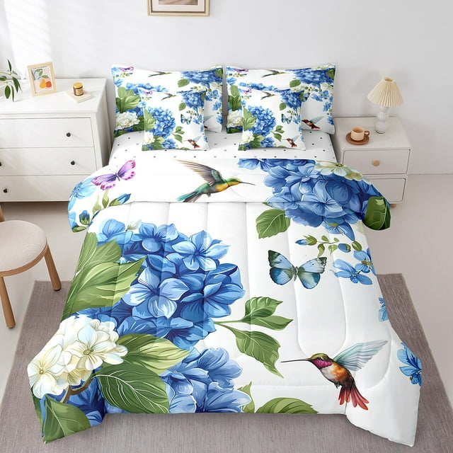 Flower Bedding Comforter Sets 7Pcs Hummingbird Butterfly Bed In A Bag,Navy Blue Floral Twin Bedding Sets Spring Botanical And Animal Themed Sheet Set With Comforter Kids Girls Bedroom Decor