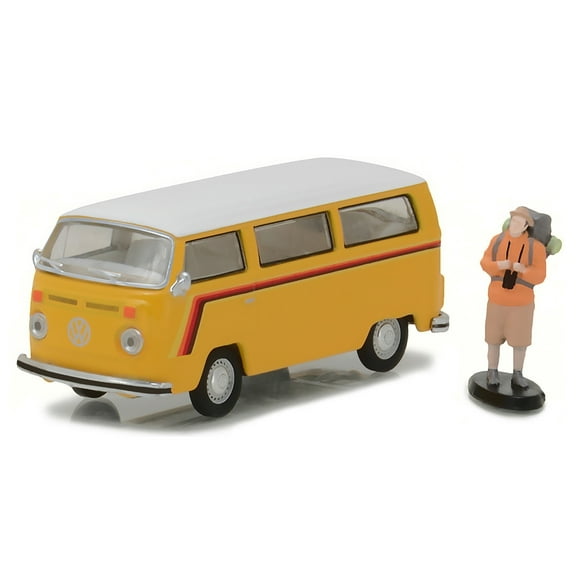 1975 Volkswagen Type 2 Bus w/Backpacker, Yellow - Greenlight 97010/48 - 1/64 Scale Diecast Model Car