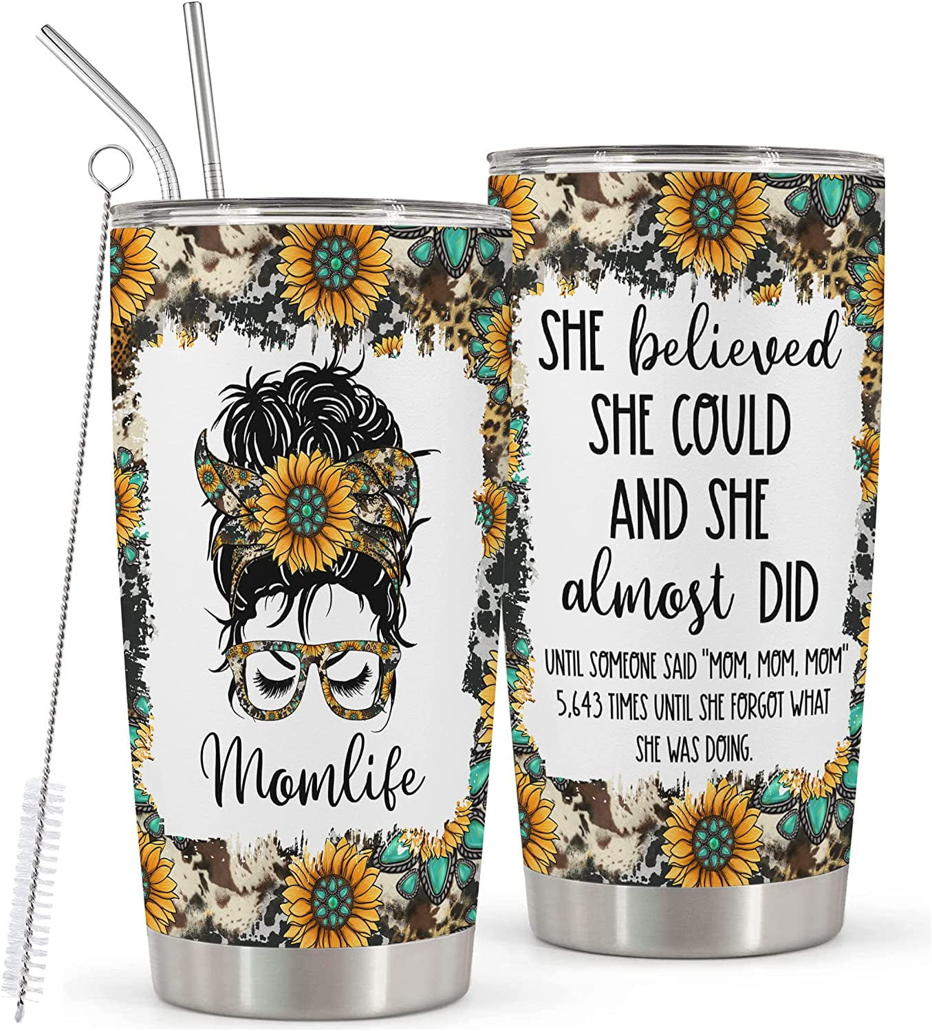 Mom Life Best Life Leopard Sunflowers Teal 20 oz insulated tumbler