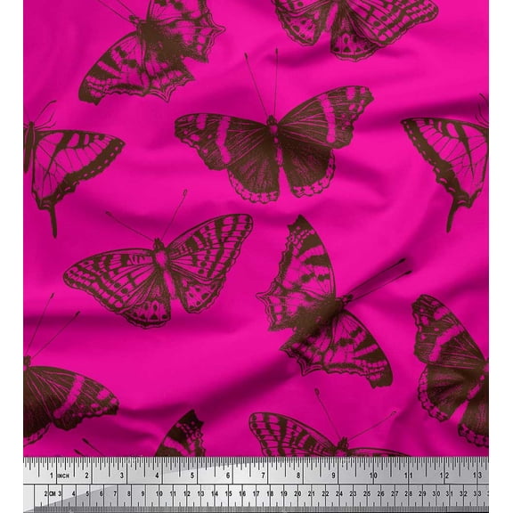Soimoi Pink Silk Fabric Butterflies Butterfly Print Fabric by Yard 42 Inch Wide