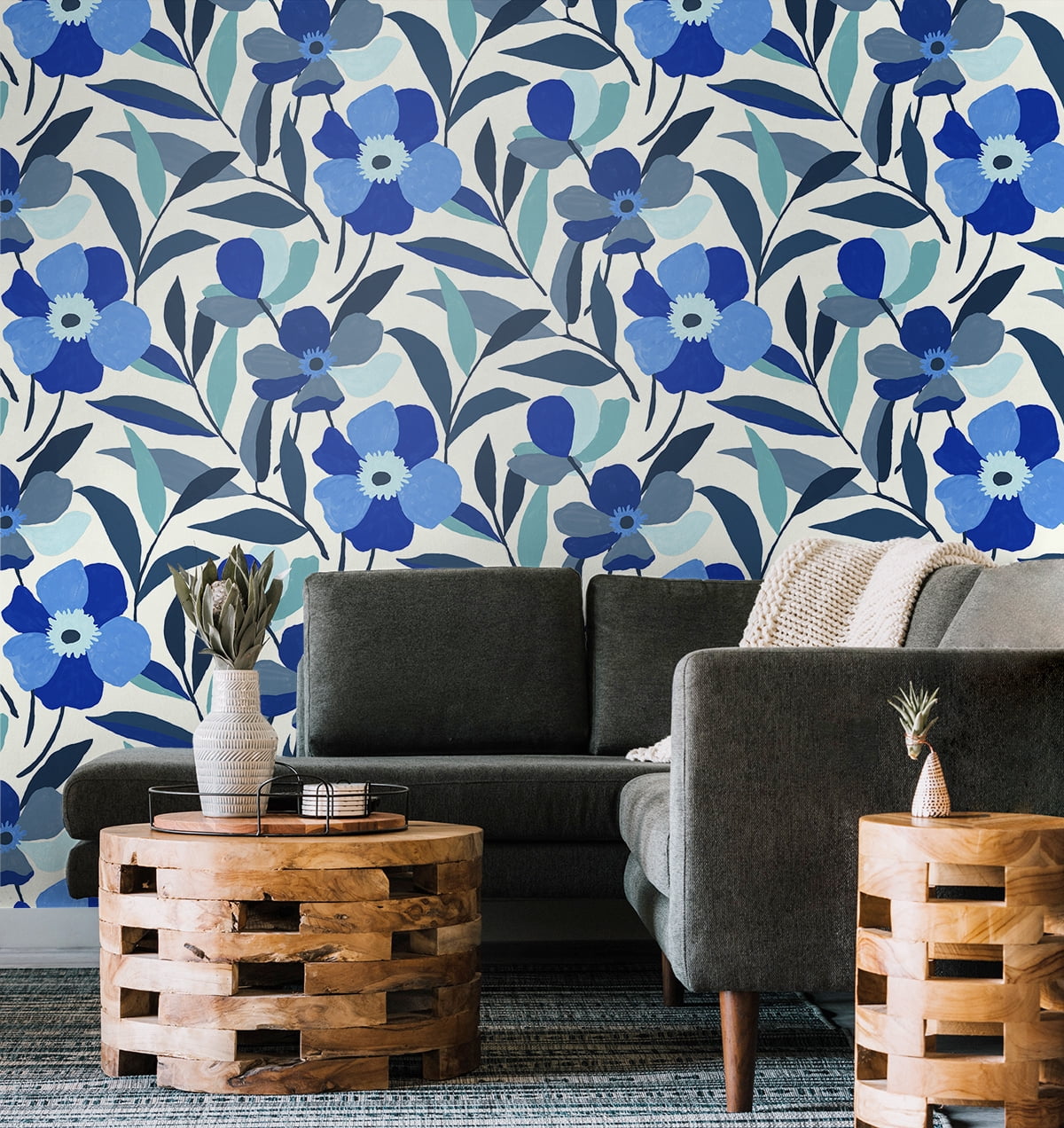 NextWall Cobalt Blue & Lagoon Garden Block Floral Peel and Stick Wallpaper