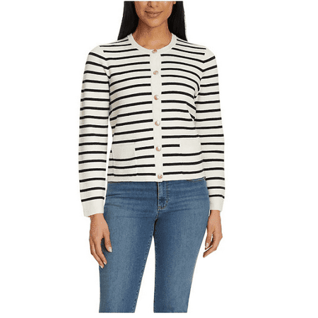 Nine West Women's Ivory/Black Stripe XXL Spring Cardigan