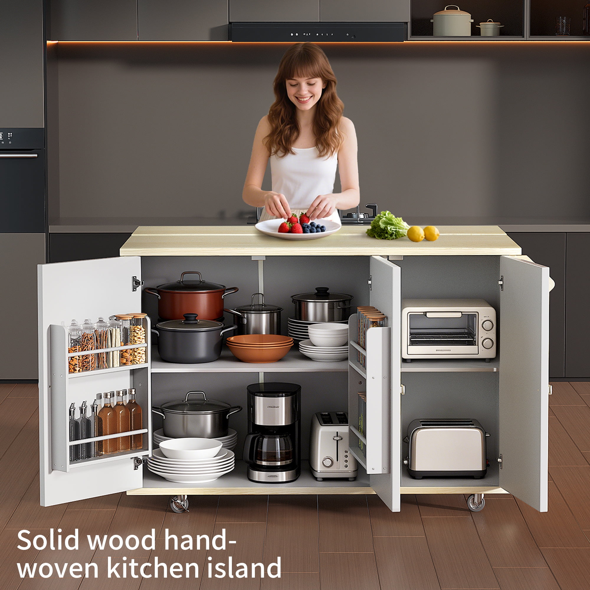 OMCHOM 51.2" Kitchen Island with Folding Drop Leaf,Rolling Cart Table with Storage and Towel Rack,Champagne