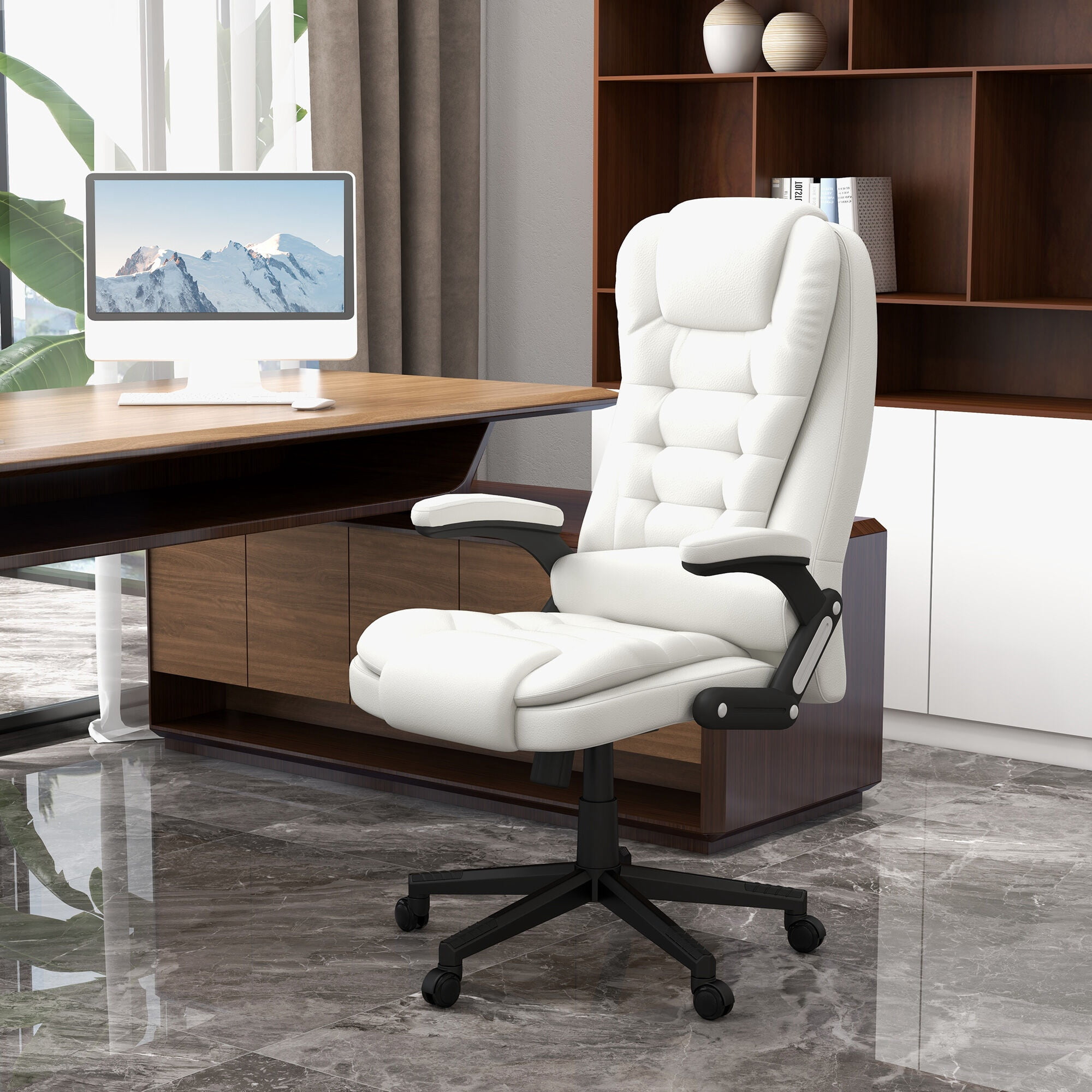Ergonomic High Back Massage Office Chair with 6 Vibration Points and Heat, Reclining PU Leather Computer Chair with Remote, White for Home Office
