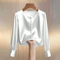 thumbnail image 4 of GUACER Womens Business Long Sleeve Tops Fashion Satin Round Neck Pearl Button Breathable Loose Office Blouses, 4 of 5