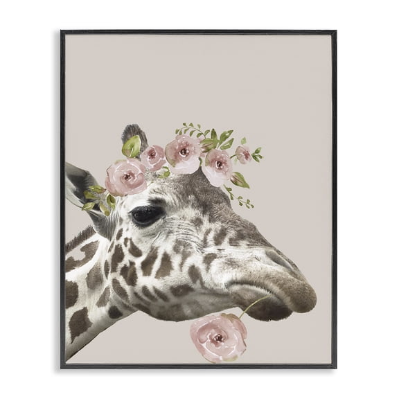 Stupell Industries Cottage Giraffe with Rose Crown Black Framed Giclee Art, 11 x 14, by Nan