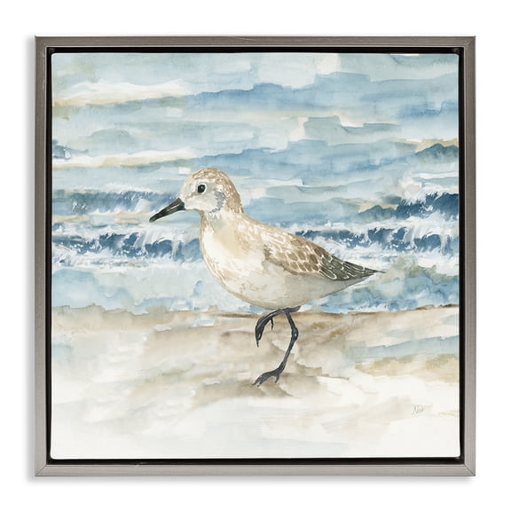 Stupell Industries Coastal Balancing Sandpiper on Shore Gray Floating Frame Canvas Art, 18 x 18, by Nan