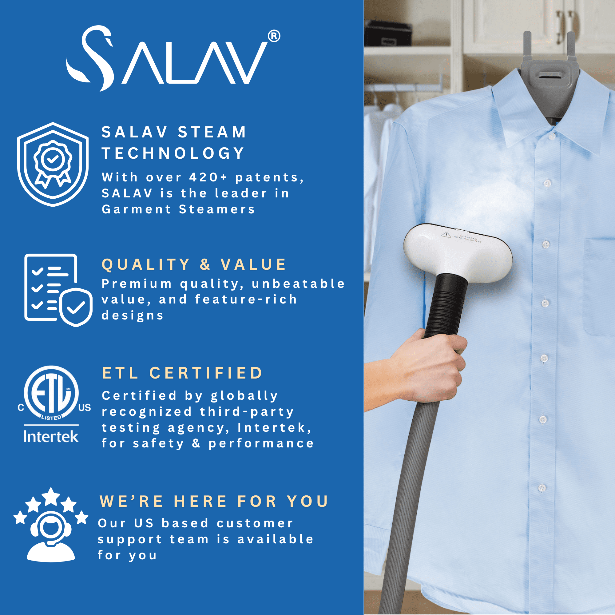 Restored SALAV GS06-DJA Standing Steamer with Garment Hanger, 1.3L Water Tan, Double-Insulated Steam Hose, Black (Refurbished)
