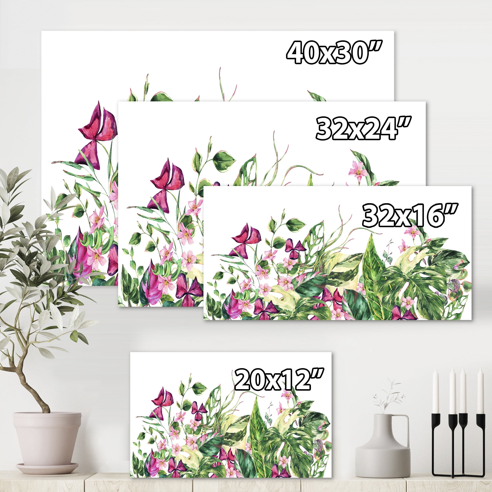 Ancient Floral Tropical Leaves I 32 in x 24 in Painting Canvas Art Print, by Designart