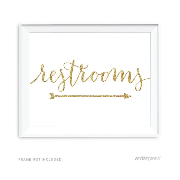 Restrooms Gold Faux Glitter Wedding Party Directional Signs, Double-Sided