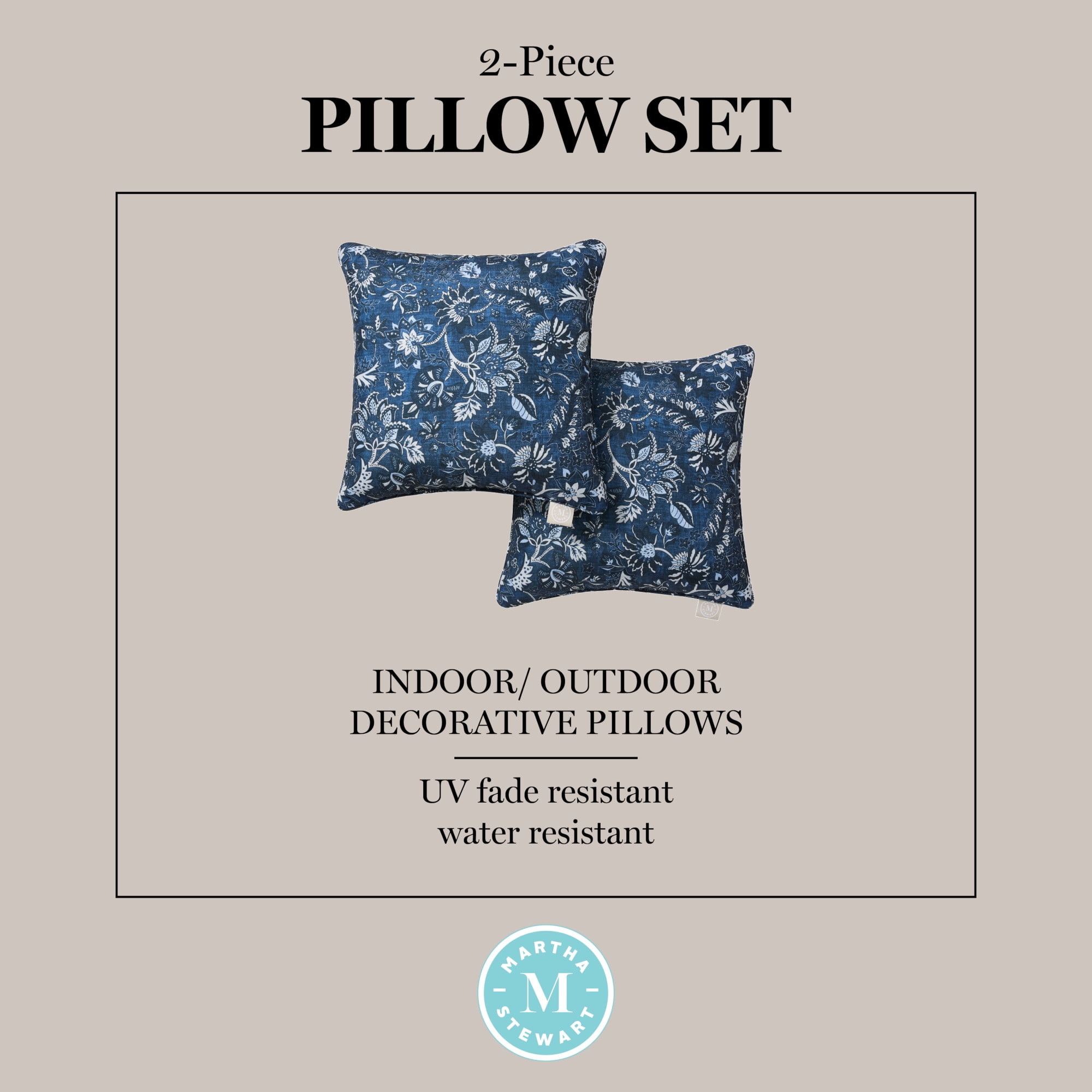 MARTHA STEWART Distressed Jacobean Indoor Outdoor Decorative Pillow 2-Pack Set, UV Fade Resistant, Water Repellent, Printed Floral Design, Navy Blue, 18"x18"