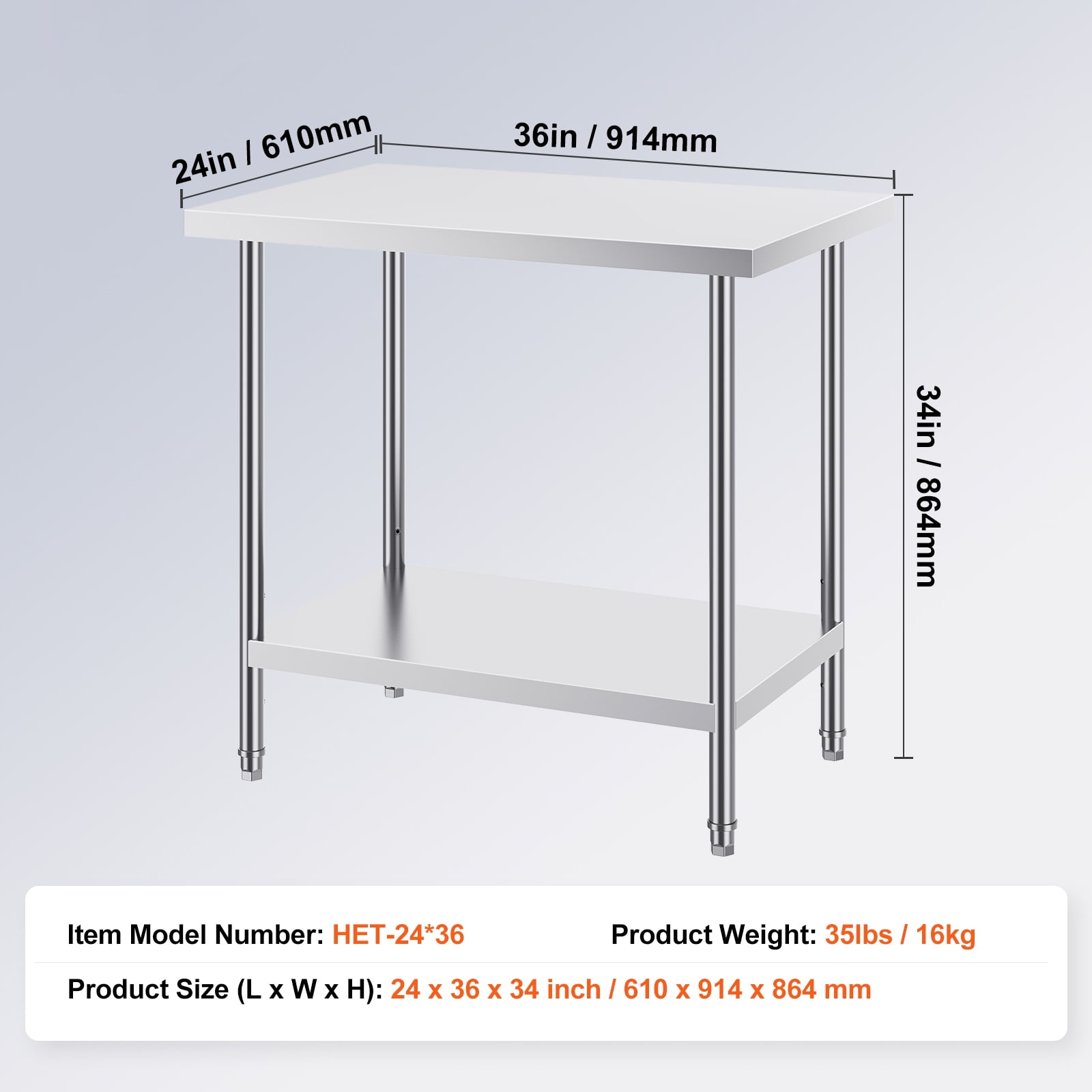 KFFKFF Metal Prep Station, 24x36x34 in, Supports Up to 750 lbs, Durable Stainless Steel Table with 3 Height Settings, Ideal for Kitchen, Garage, or Commercial Use