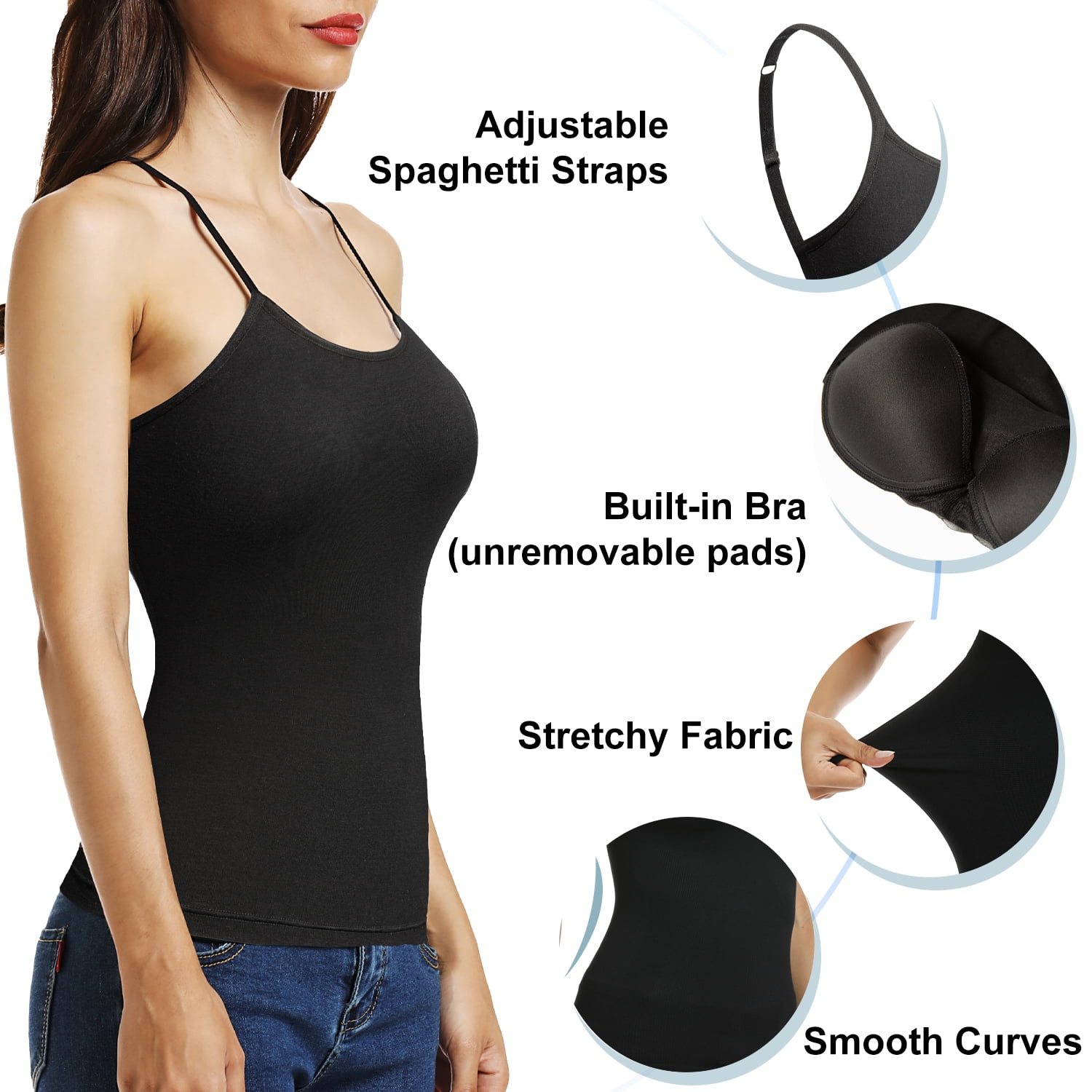 QRIC 2 Pack Women Padded Built-in Shelf Bra Camisole Summer Tank Top for  Women Adjustable Straps (S-3XL)