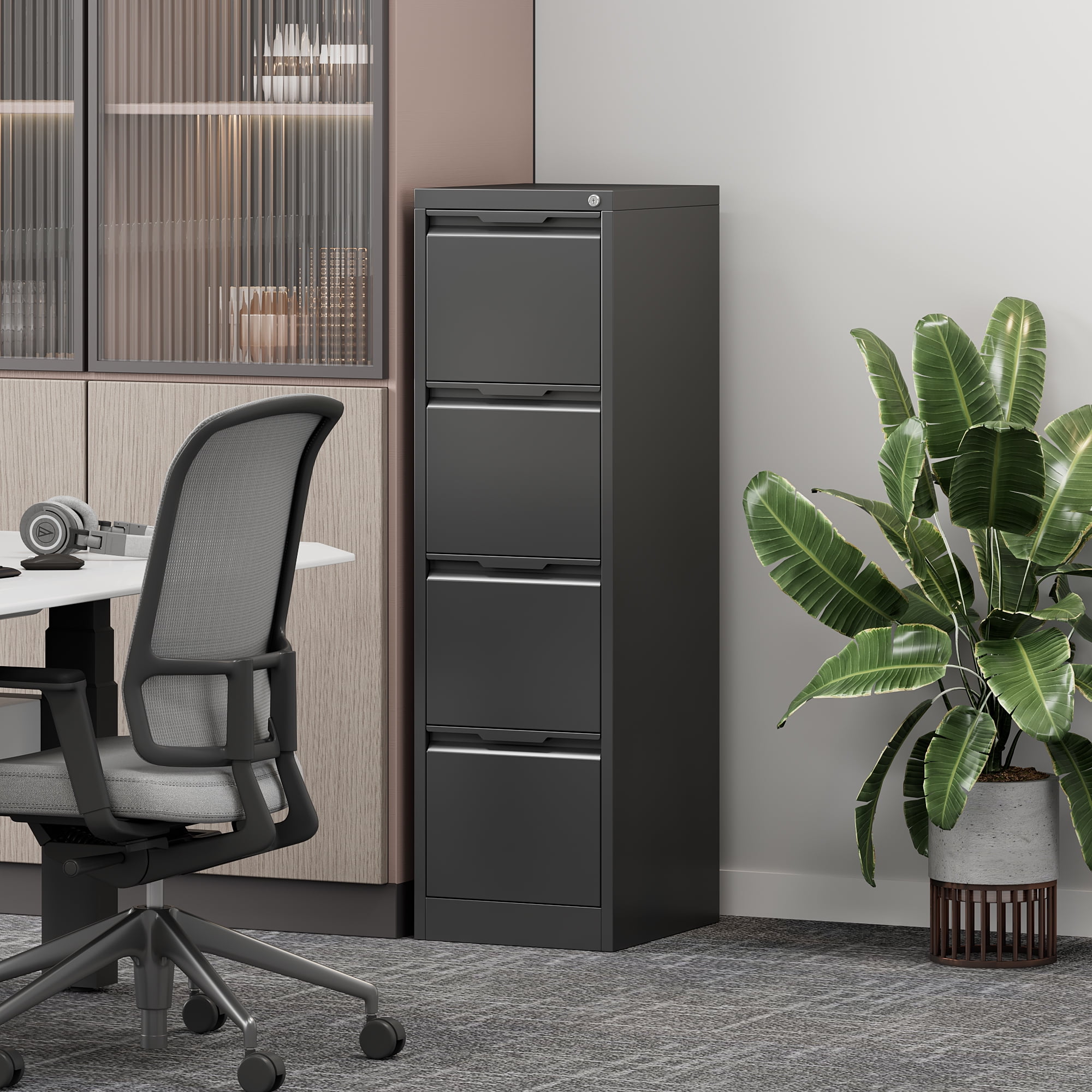 4 Drawer File Cabinets with Lock, Small Filing Cabinets for Home Office, Metal Vertical File Cabinets, Under Desk File Cabinet Organizer for Legal/Letter Size File, Easy Assembly
