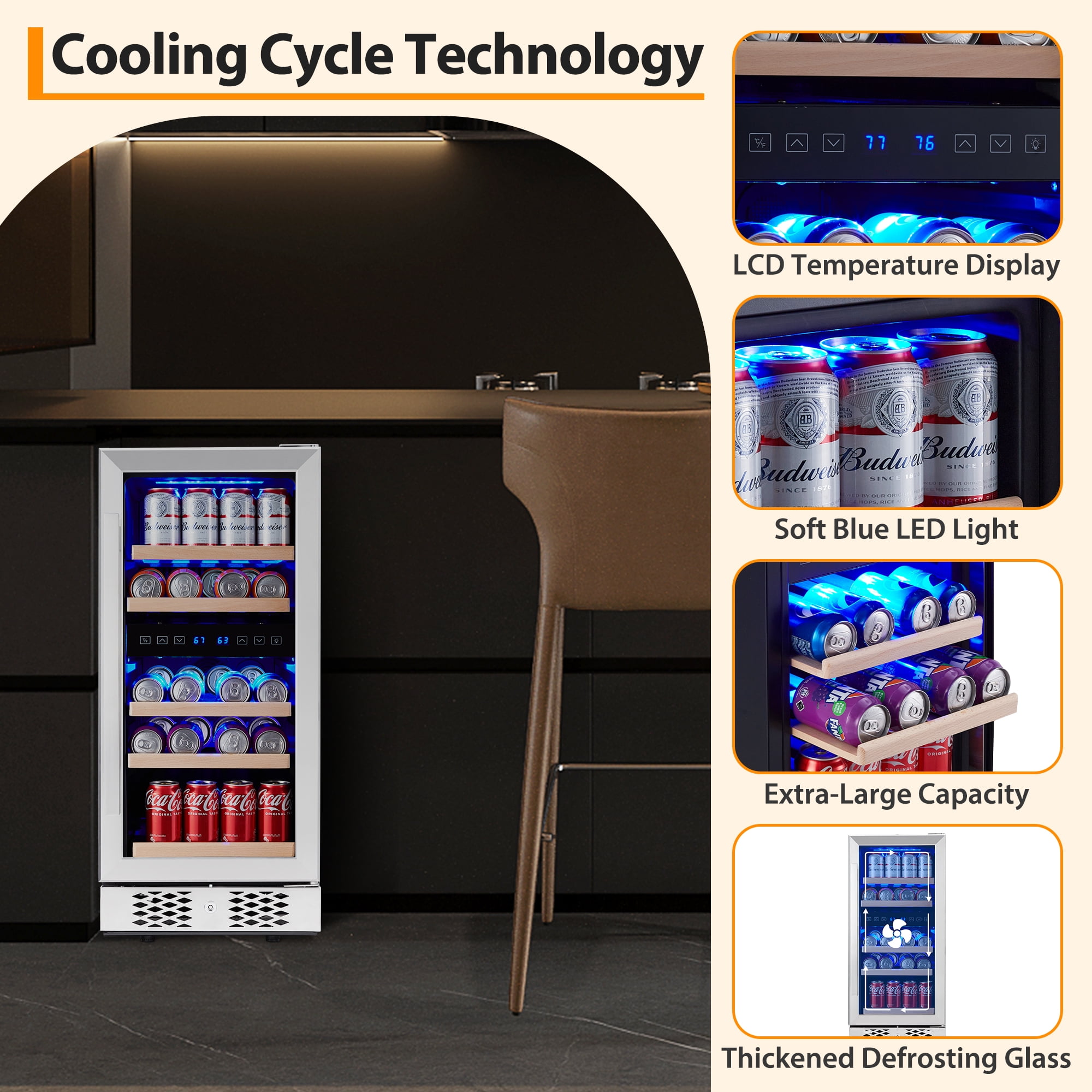 96 Cans Beverage Refrigerator, 15 Inch Built-In Lockable Mini Fridge with Tempered Glass Door, 38-66℉ Temperature Control, Freestanding Drink Cooler with Blue Led Light for Home