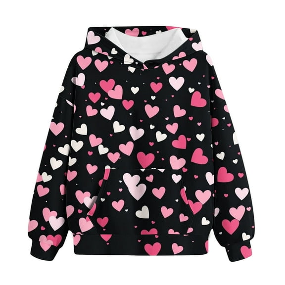 Gpaecead Hoodies for Teen Girls Valentine's Day Heart Printed Pullover Long Sleeve Sweatshirts 4 Years Black