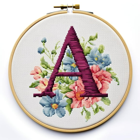 Letter A in Flowers Stamped Cross Stitch Kits for Beginners Easy with Hoop 11CT Needlepoint Embroidery DIY Counted Cross Stitch Kits Art Craft Wall Decor 35x35cm(1)