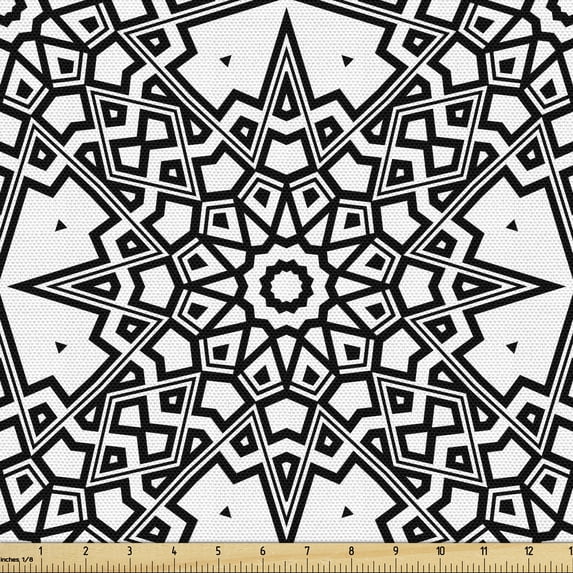 Antique Oriental Upholstery Fabric by the Yard, Cultural Monochrome Circle and Sharp Ornaments Combined Print, Decorative Fabric for DIY and Home Accents, Charcoal Grey and White by Ambesonne