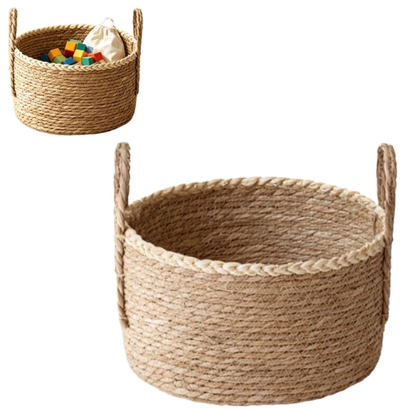 XKHHLH Seagrass Woven Storage Basket with Handles, Natural Handwoven Round Organizer Basket for Blankets, Toys, Towels, Laundry and Fireplace Wood Home Decor