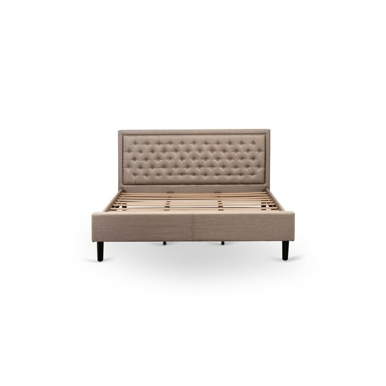 East West Furniture KDF 16 K Platform King Size Bed Dark Khaki Linen Fabric Upholstered Bed Headboard with Button Tufted Trim Design Black Legs