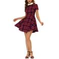 thumbnail image 2 of INSPIRE CHIC Women's Peter Pan Collar Puff Sleeves Above Knee Plaid Grid Dress M Red Blue, 2 of 6