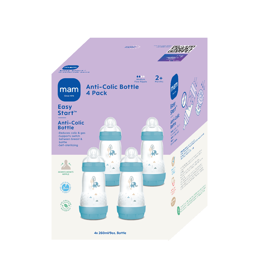 MAM 9oz Easy Start Anti-Colic Baby Bottles, Medium Flow Nipple, Breastfeeding-Like Silicone, Reduces Colic and Gas, Easy-to-Clean, BPA-Free, 2 Plus Months, Baby Girl Multi, 4 Count