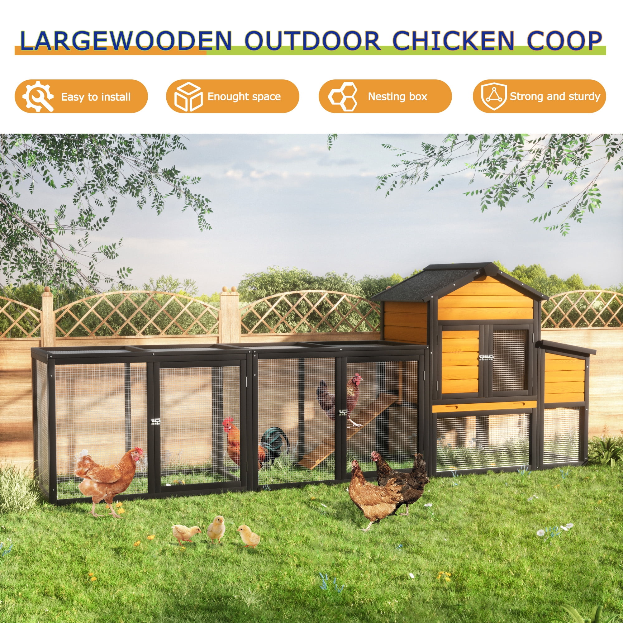 Outdoor Wooden Chicken Coop with Run, 7 Doors, Pull-Out Tray, Nesting Box & Ramp – Backyard Poultry House for 2 – 4 Chickens, Expandable Design