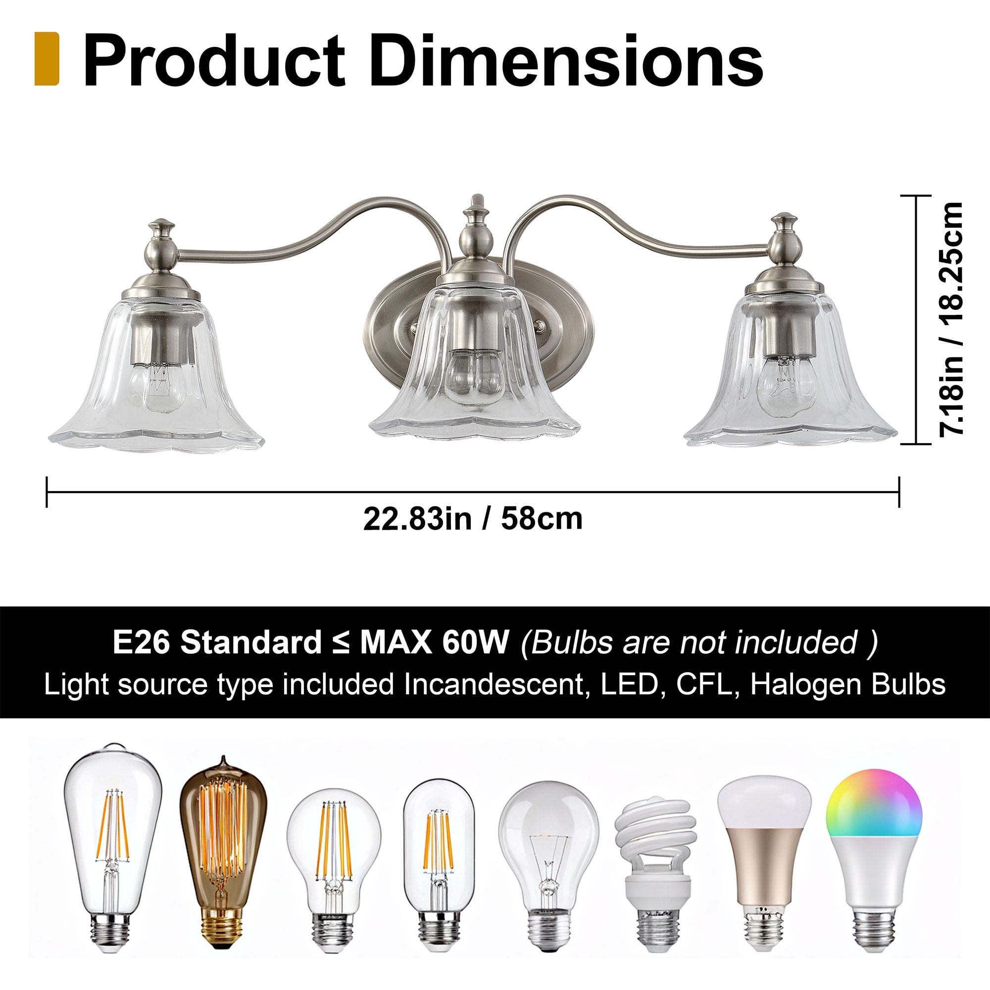 Silver 23 in Modern Bathroom Vanity Light Dimmable LED Light for Bathroom  Living Room Bedroom Light Fixture，Mirror Light with Glass Shade
