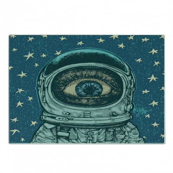 Astronaut Cutting Board, Amazed Astronaut Giant Surprised Eye Stars Wonders of the Universe, Decorative Tempered Glass Cutting and Serving Board, Small Size, Dark Blue Teal, by Ambesonne