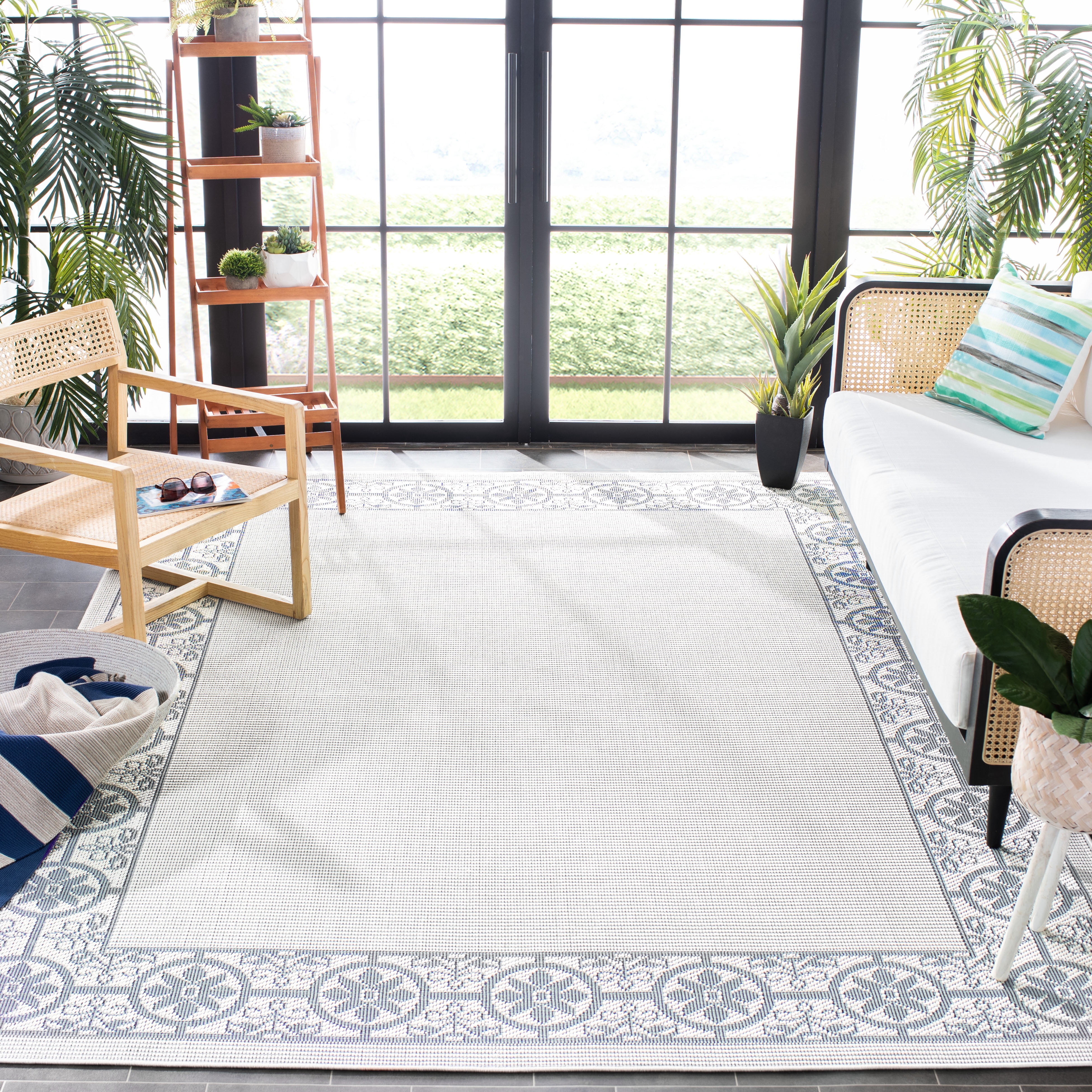 SAFAVIEH Machine Washable Rug Indoor/Outdoor Bermuda Collection - Bermuda Zoey Floral Bordered Indoor/Outdoor Area Rug Ivory/Light Blue, 6'7" x 6'7" Square