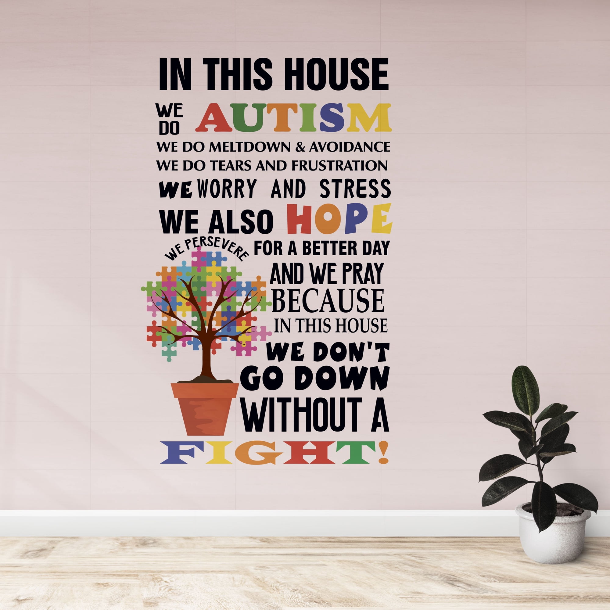 Home Art Creat A Motivational Message Fighting Autism Vinyl Wall Decal - 20" x 33" Removable Bedroom Living Room Colorful Jigsaw Puzzle Tree Decor Art Adhesive Sticker Decoration - Multicolor