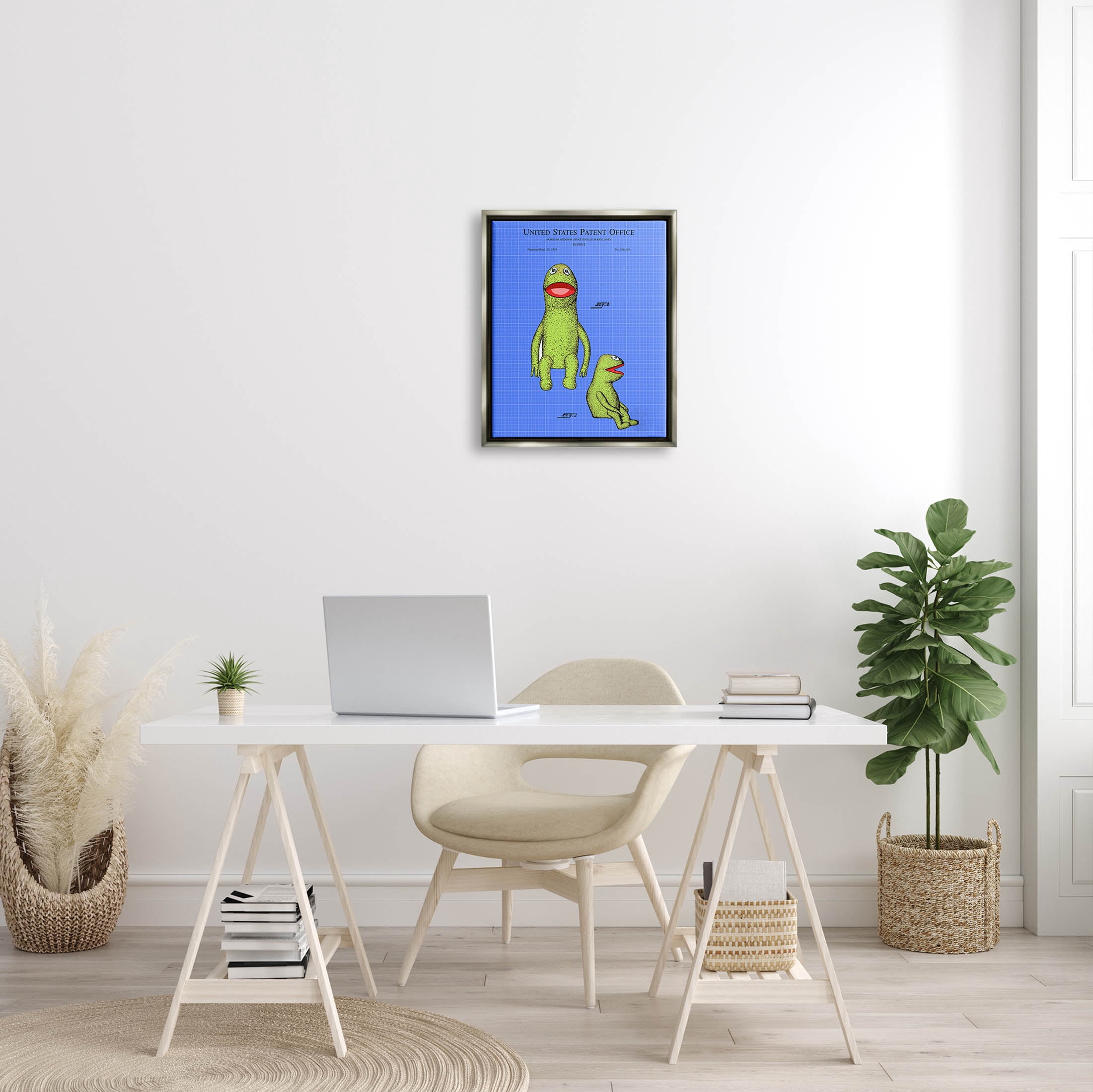Stupell Industries Frog Puppet Character Blueprint Graphic Art Luster Gray Floating Framed Canvas Print Wall Art, Design by Karl Hronek