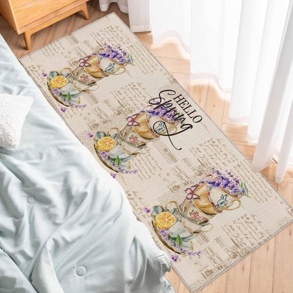 Runner Rug, Flower Teacup Lavender Spring Summer Lemon Retro Coffee Cup,Soft Non Slip Entry Mat Washable Kitchen Area Carpet for Bathroom,Bedroom,Living Room,1 Piece, 15.7x47.2 Inch