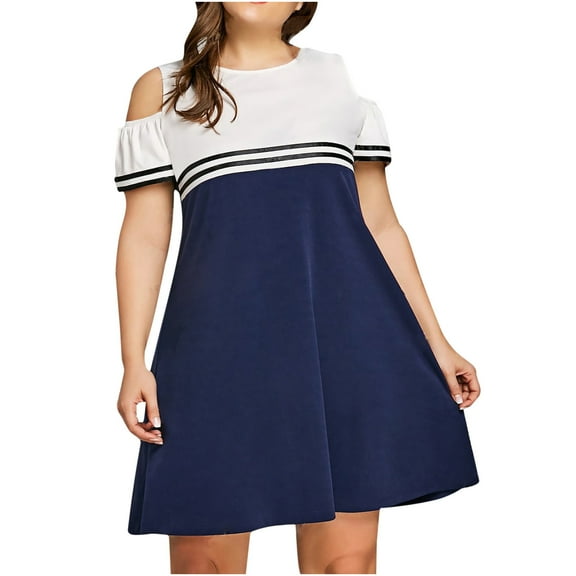 Babysbule Clearance Woman Summer Dresses Fashion Women Summer Casual Strapless Patchwork O-Neck Loose Short Sleeve Dress