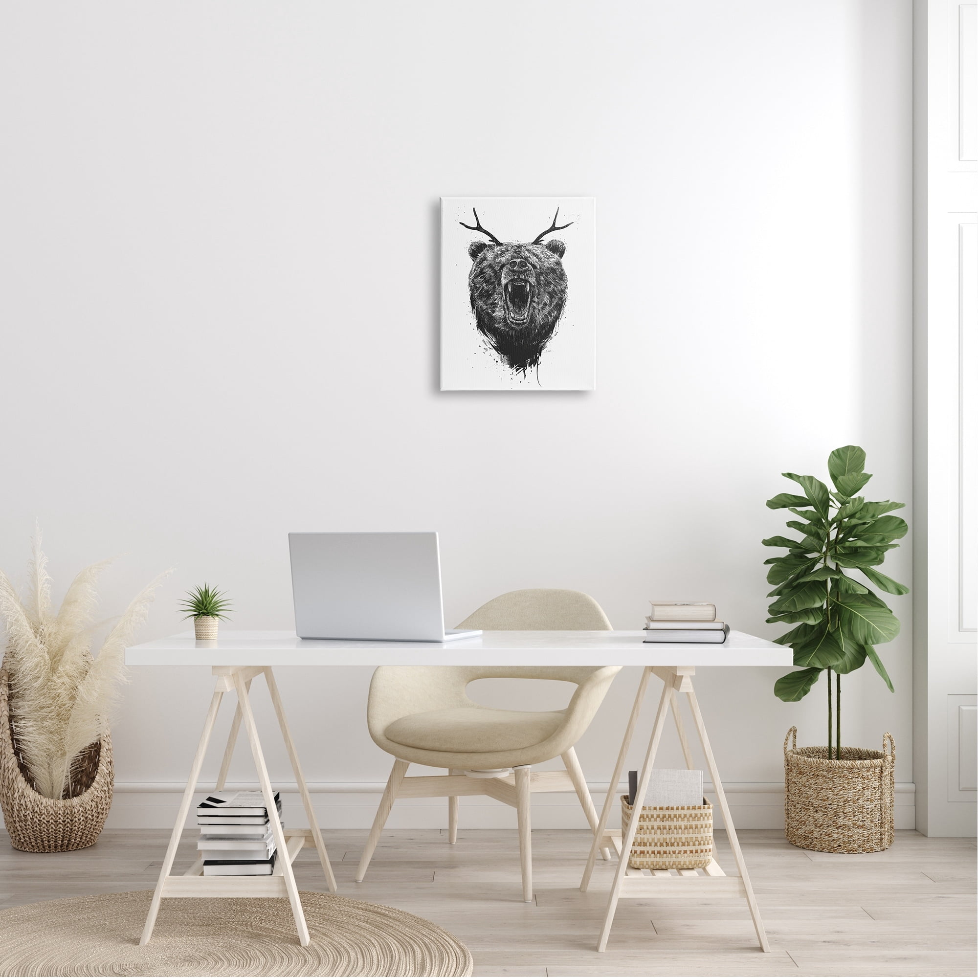 Stupell Industries Detailed Surreal Bear Roaring Antlers Monochrome Canvas Wall Art, 36 x 48, Design by Balazs Solti