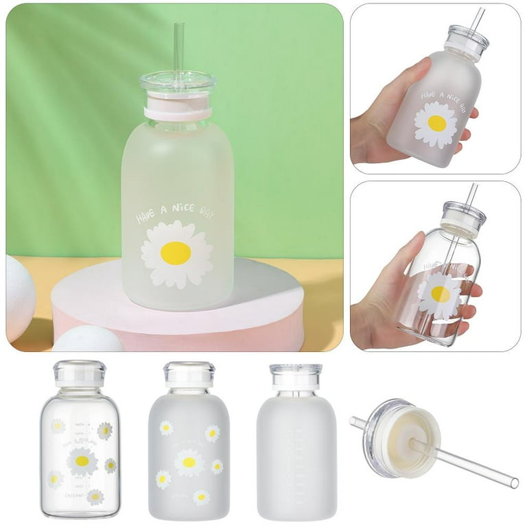 2pcs Cute Water Bottles, 1 Frosted Glass Water Bottle With Straw, 1 Clear  Glass With Straw Milk Juice Glass Carafe With Graduated, Two Lids, Small Dai