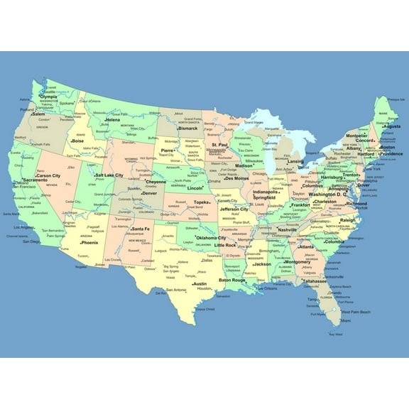 Art.com Usa Map With Names Of States And Cities Art Print by IndianSummer, 16" x 12"