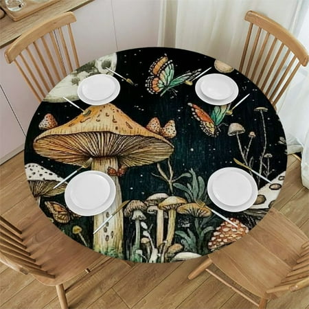 

Sheronv Mushrooms Butterflies Moon Round Table Cover Stain Resistant Washable 100% Polyester Tablecloths Indoor Outdoor Kitchen Dining Wedding Parties Table Cloth 42 -46