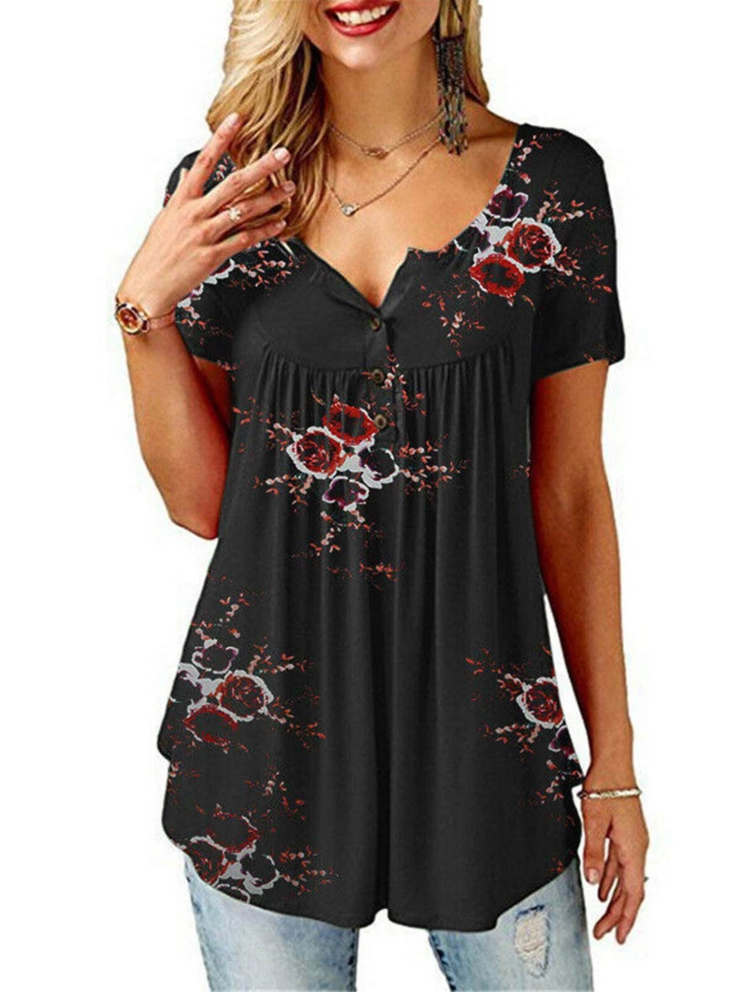 Womens Summer Floral V Neck Blouses Loose Baggy Tops Tunic T Shirts ...