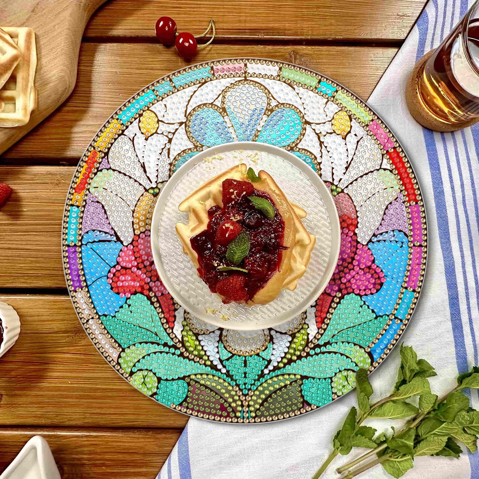 FLOPESN 4 Pcs Diamond Art Painting Coasters,Acrylic Single-Sided Dotted Diamond Dinner Plate Set for Restaurant Decoration-Flowers