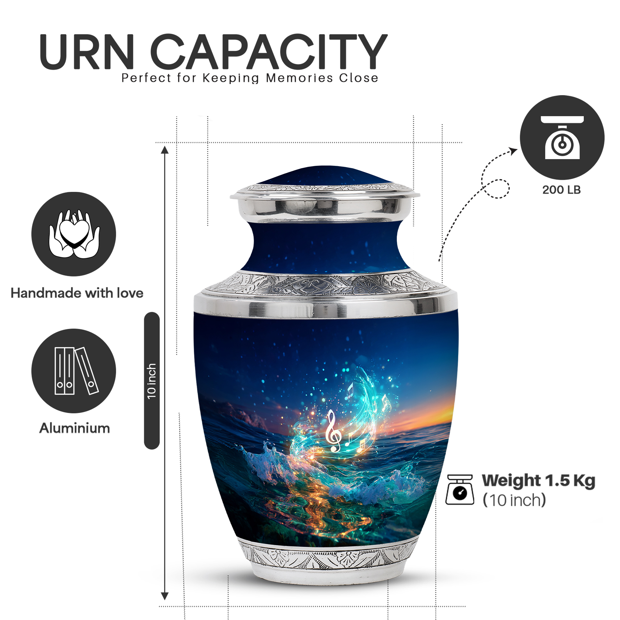 Yatskia Blue Music with Tree Large Cremation Urns for Human Ashes Adult Mom and Dad, Decorative Funeral Urn for Ashes Adult Male, (Tasty Large, 10 Inch)